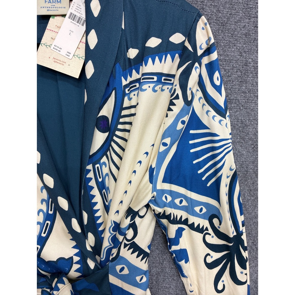 Farm Rio for Anthropologie Blue Graphic Print Wrap Mini Dress NWT Size L - Picture 3 of 8
